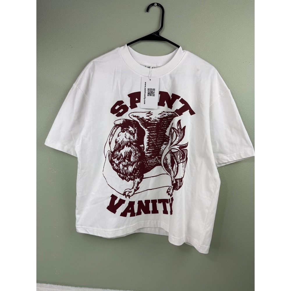 Saint Vanity White Maroon Griffin Graphic T-Shirt Mens Small Boxy Fit Cotton NWT